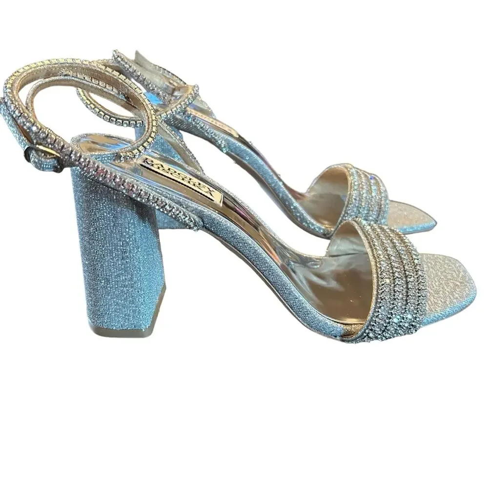 Badgley Mischka Becca Strappy Block Heels Silver Metallic Rhinestone NEW Size 7